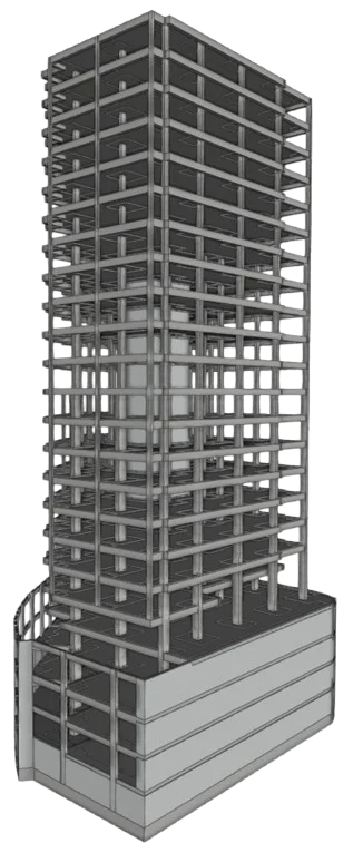 3D structural model of a building designed and calculated by Galindo Ingeniería