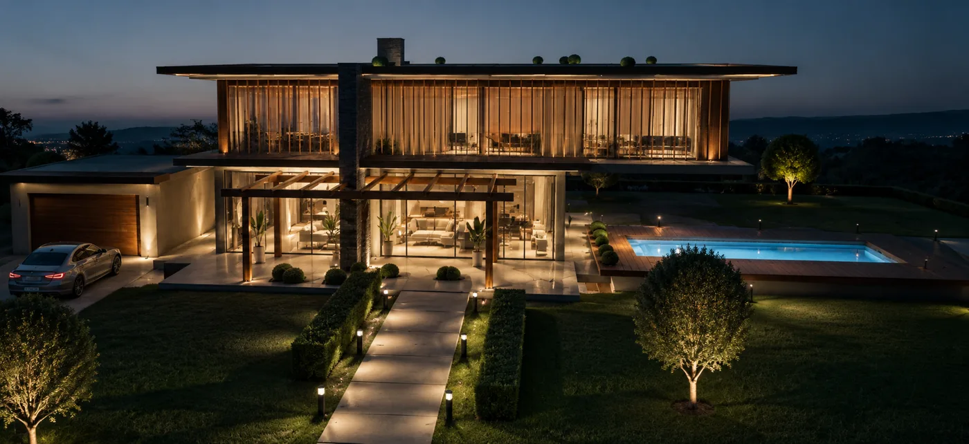 Constructora de casas en Bolivia: residencia Gala con piscina iluminada al anochecer