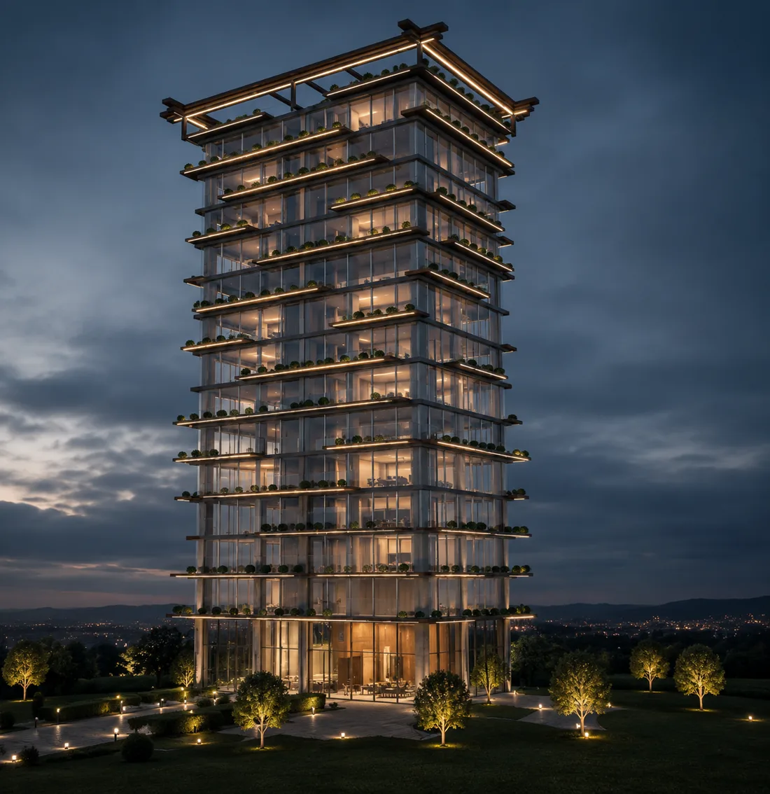 Constructora de edificios residenciales en Bolivia: torre Gala con terrazas ajardinadas iluminadas