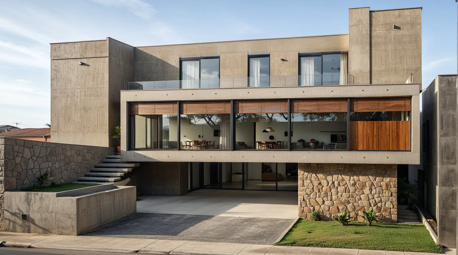 Render conceptual de casa Gala: fachada de hormigón visto, piedra y madera