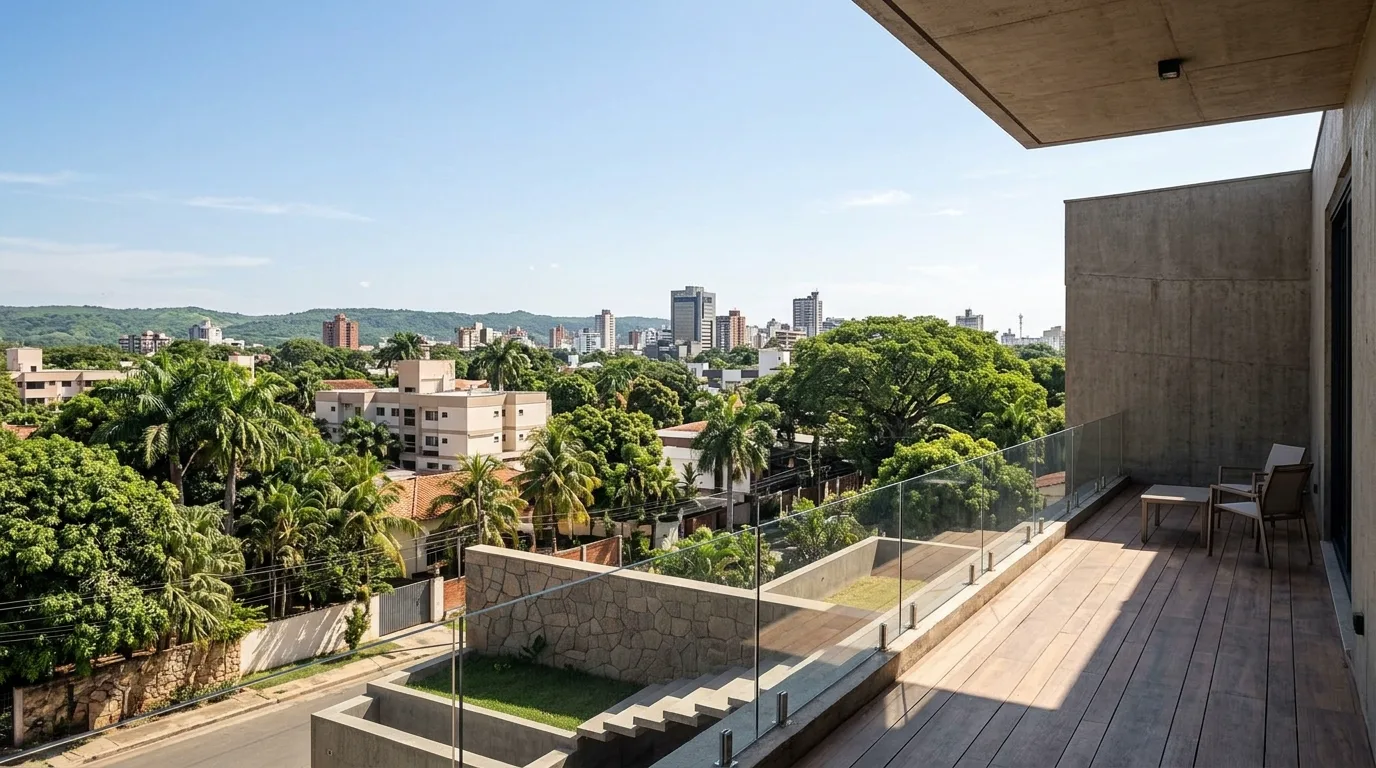 Render conceptual de terraza de residencia Gala con vista a Santa Cruz de la Sierra