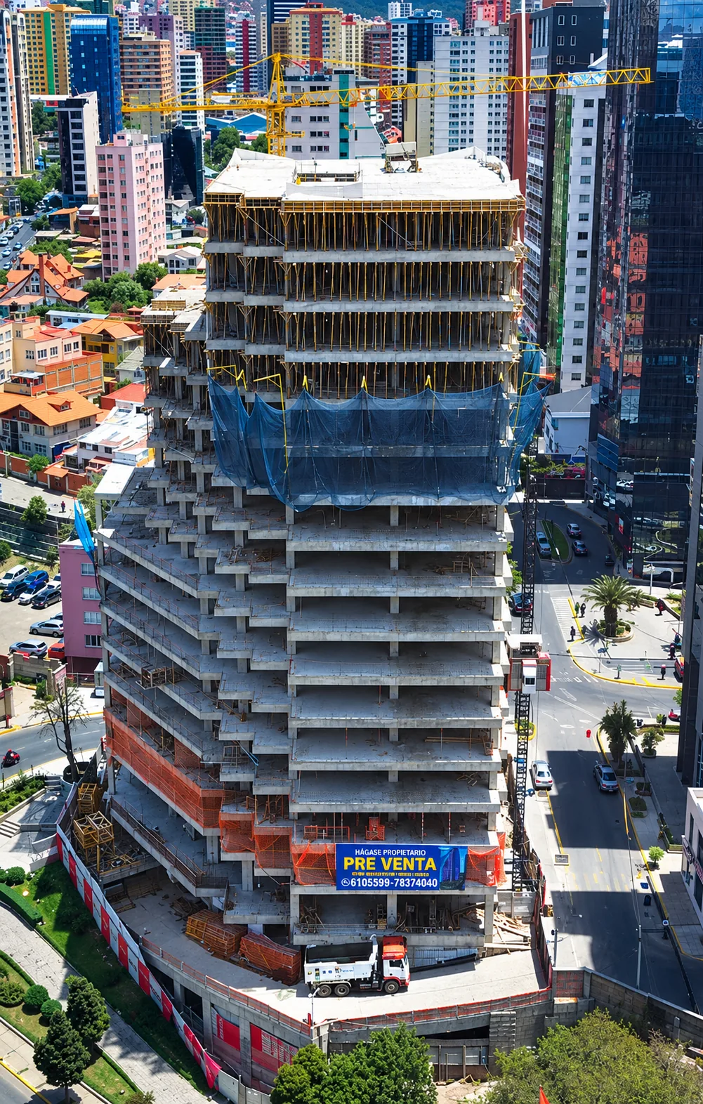 Panoramic Building under construction, aerial view of the superstructure