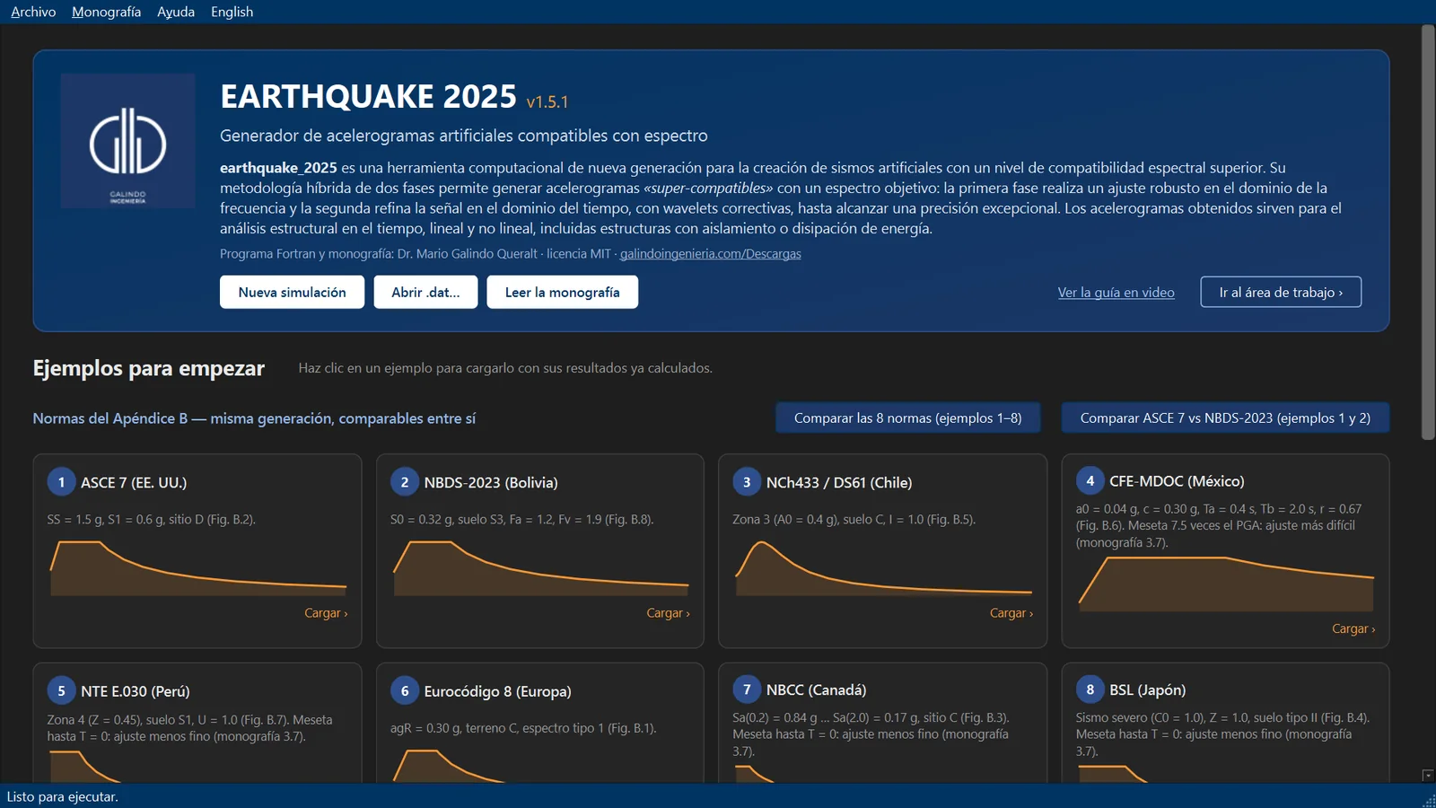 Pantalla de inicio de Earthquake 2025 con los ejemplos listos para cargar