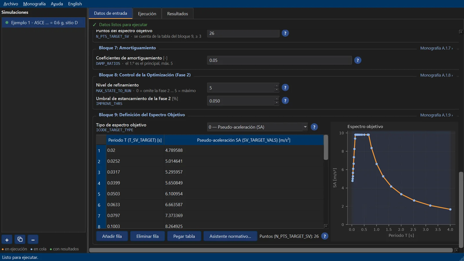 Espectro objetivo: tabla de puntos y vista previa