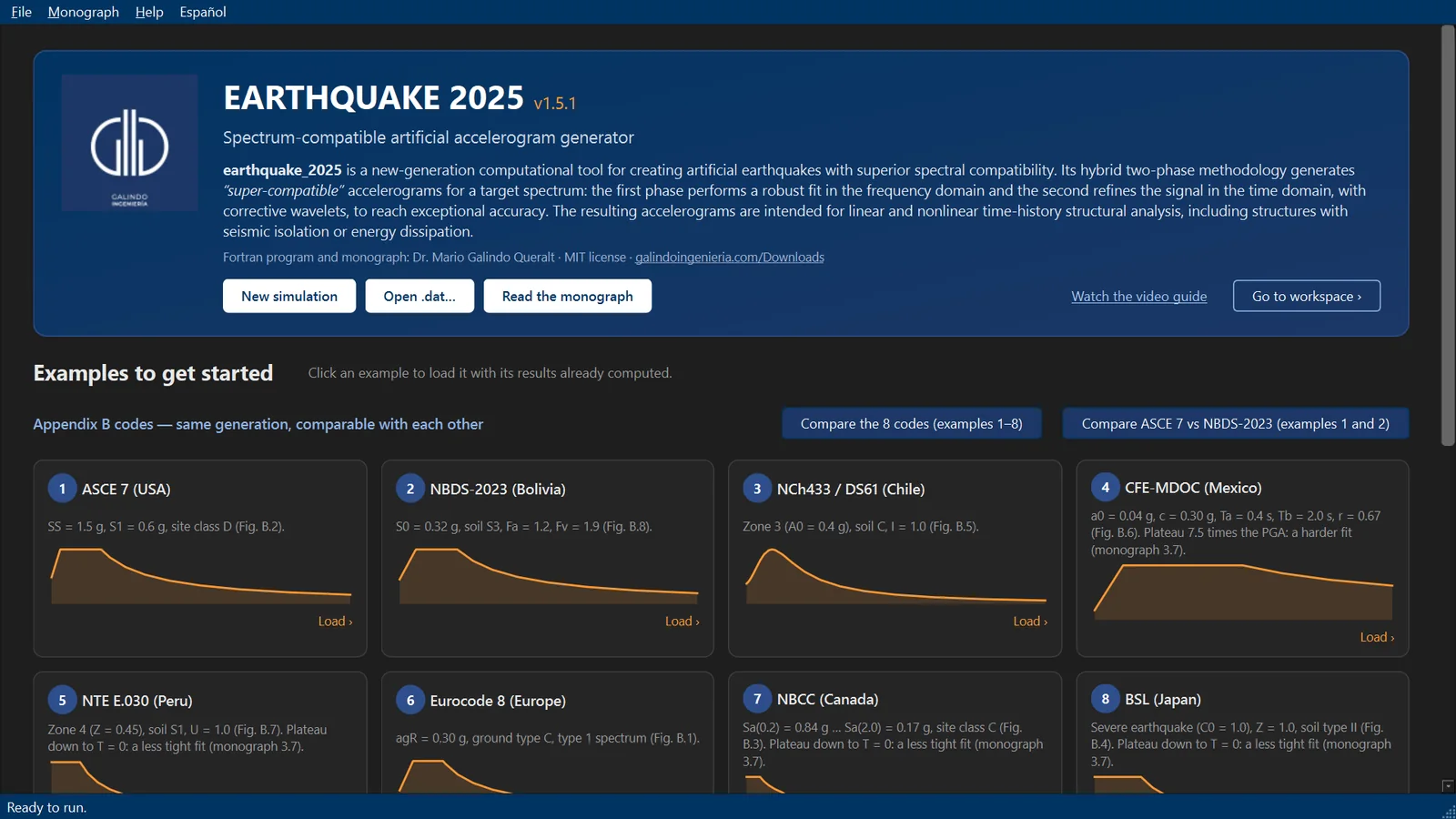 Earthquake 2025 start screen with ready-to-load examples