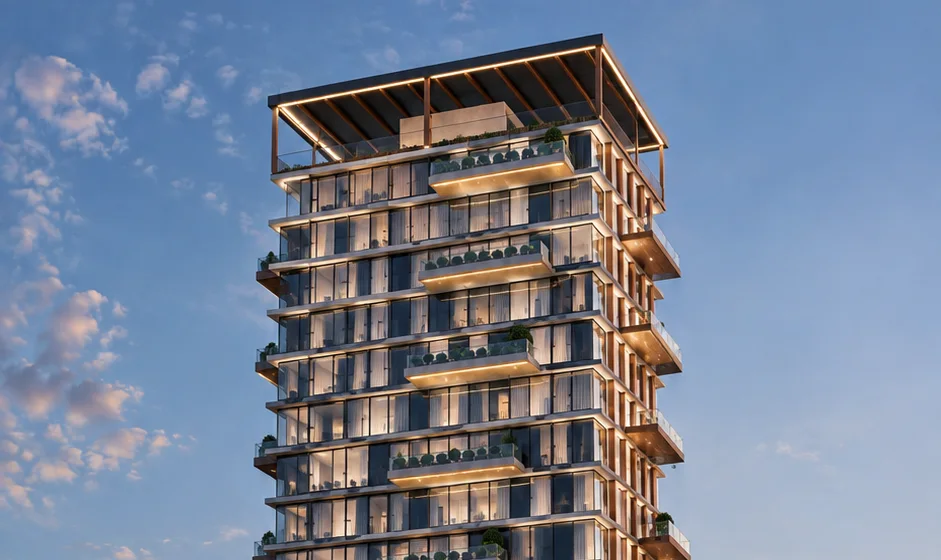 Residential tower builder in Bolivia: 24-storey Gala tower with spiralling garden terraces at sunset